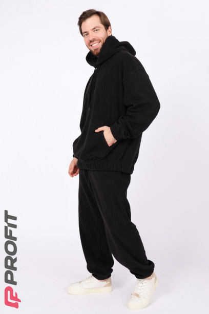 Утепленный мужской комплект, худи и штаны на флисе, черный, kmpl.034